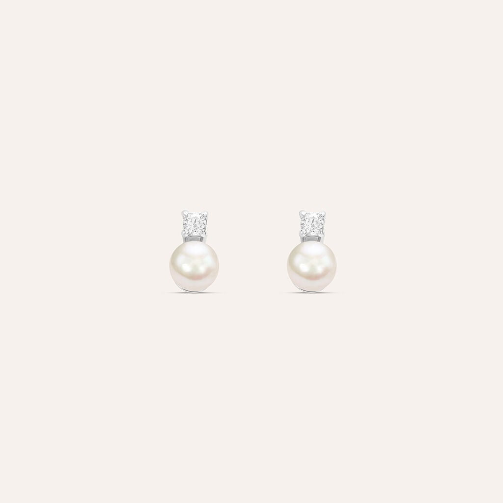 Pendientes de lóbulo «Silver Pearls» en plata rodiada con perla sintética y circonita